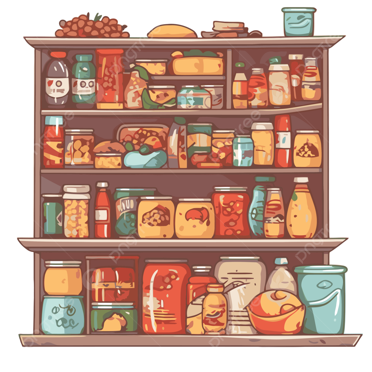 a clipart drawing of a pantry cupboard, with lots of bottles, jars and food